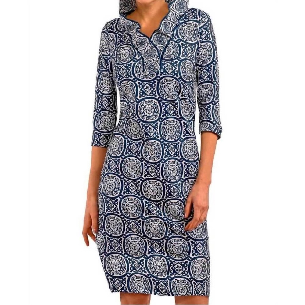 Gretchen Scott Ruffneck Jersey Sultan's Dining Room Dress Navy Blue Size XS
